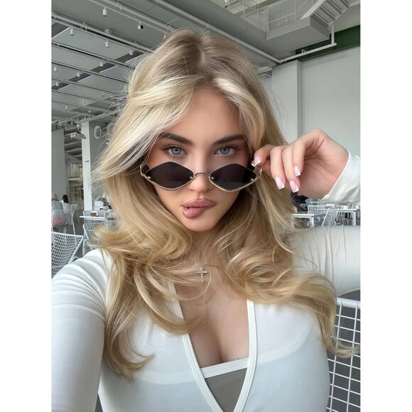 Unisex Retro Y2K Sunglasses Gold Frame Gray Lens UV400 Semi-Rimless - Picture 7 of 9